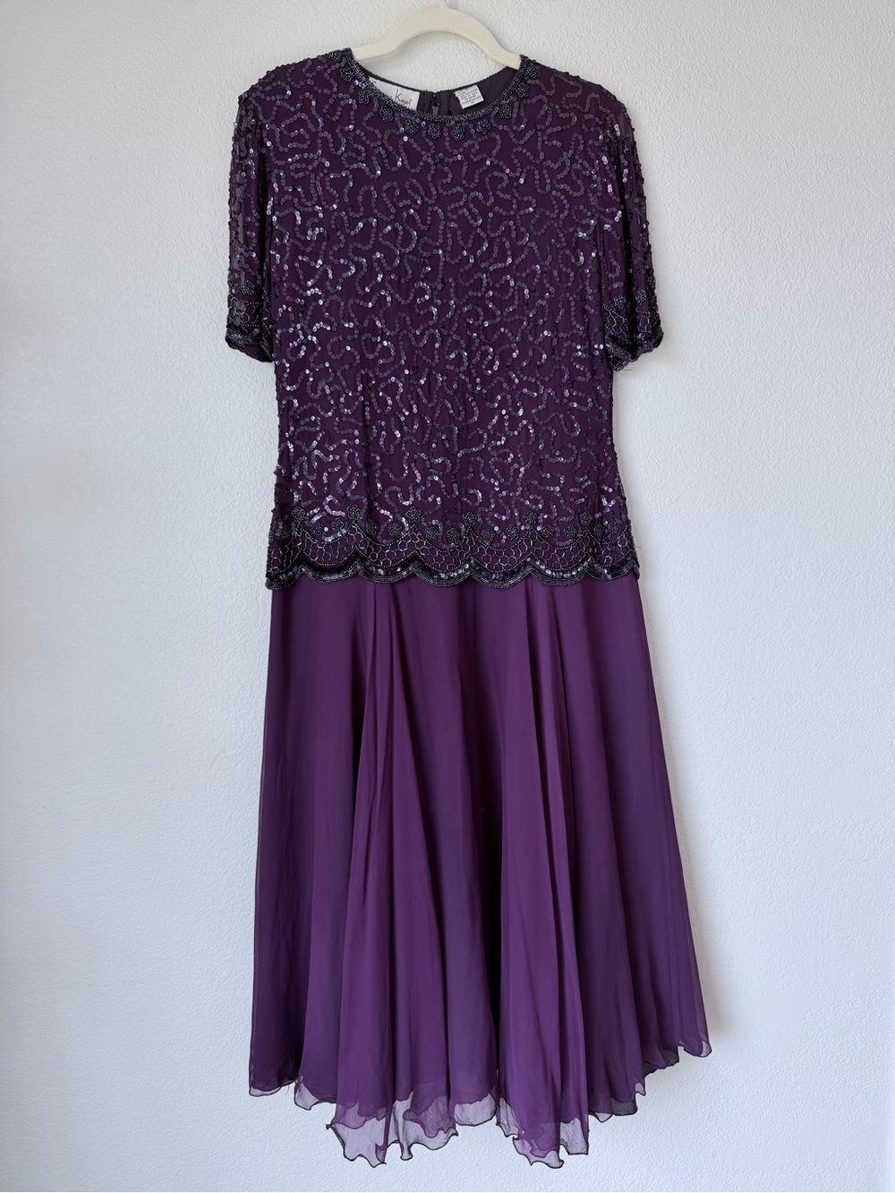 Vintage Laurence Kazar Purple Beaded Silk Midi Dress Size M